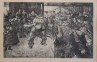 Auktion 366<br>ZILLE, Heinrich(1858 -1929), Ringkampf in der Schaubude, Heliograv&uuml;re, in Platte signiert, geramht/Glas, RG 34 x 41,cm