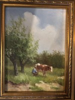 Auktion 366<br>unleserl. signiert "Beim Kuhmelken" &Ouml;l/Holz, gut gerahmt, RG 26x31 cm