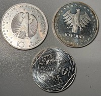 Auktion 366<br>3x 10 Euro M&uuml;nzen, 2x Deutschland 2002 und 2009, 1x France 2018