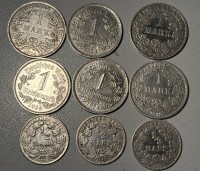 Auktion 366<br>6x 1 Reichsmark, 3x 1/2 Mark, Kaiserreich und Deutsches Reich