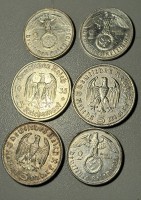 Auktion 366<br>3x 5 Reichsmark, 3x 2 Reichsmark, 3.Reich, 1930-er Jahre