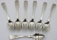 Auktion 366<br>7x Kaffeel&ouml;ffel, Bruckmann, Silber gepr., Spatenform, monogrammiert u. datiert 1879, 137,28gr., L-15cm