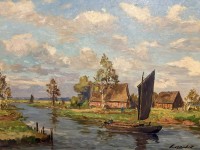 Auktion 366<br>Paul Ernst WILKE (1894-1972),1961 "Landschaft bei Worpswede" verso betitelt, &Ouml;l/Leinen ca. 70x100 cm, gut gerahmt, RG 86x114 cm anbei orig. handschriftliche Quittung von P.E. Wilke, Kaufpreis damals 400 Mark, sowie Quittung f&uuml;r Reinigung/Firni&szlig; 1998, 1900 DM, (Versand nur als Sperrgut)