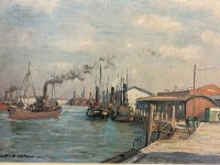 Auktion 366<br>Paul Ernst Wilke (1894-1972) "Hafen in D&auml;nemark?) Kunstdruck, in Platte bezeichnet, gerahmt, RG 30x40 cm