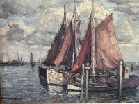 Auktion 366<br>Paul Ernst Wilke (1894-1972) "Fischerboote im Hafen ", Kunstdruck, in Platte bezeichnet, gut gerahmt, RG 32x37 cm