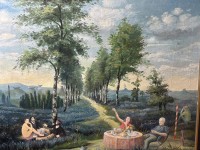 Auktion 366<br>anonym? "Picknick-Szene" in Anlehnung am Ed. Manet, &Ouml;l/Leinen, gerahmt, RG 112x90 cm, (Sperrgut-Versand) verso Zeitungsbericht anbei von Bernhard Echte und Walter Feilchenfeldt