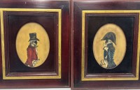 Auktion 366<br>2 Biedermeier-Schattenrisse, aquarelliert, ovaler Bildausschnitt, 18x13 cm,  alt gerahmt, RG  37x32 cm