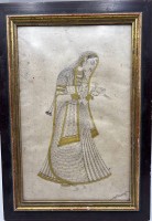 Auktion 366<br>indisches Aquarell , Frau mit Vogel, Blatt mit  Flecken,   wasserrandig, ger/Glas , RG 40x28cm,Alter?