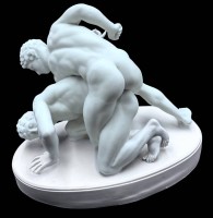 Auktion 367<br>Johann Daniel F. SCHOENE (1767-1843)  attrib. " Pergamon Ringer", Bisquitporzellan, (arbeitete hpts. f&uuml;r Meissen) Unterseite mit 2 unterschiedlichen Expertisen, 1x 40-er Jahre, 1x 1979 von dem Cuxhavener Kunsthistoriker Dr. Otto B&ouml;ttcher, beide datieren die Skulptur zwischen 1790-1820?? unleserl. Nummer und Stempel??, H-ca. 31 cm, L-35 cm, wohl &auml;usserst selten, haben keine 2. Figur &uuml;ber Google aus Porzellan gefunden!!