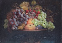 Auktion 367 / Los 4004 <br>unsigniertes Stilleben, Fr&uuml;chtekorb, 19. Jhd., verso bez. "Heuberger 1875", &Ouml;l/Spanplatte?, alt gerahmt, RG 36,5 x 45cm