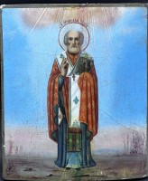 Auktion 367<br>russische Ikone "Nikolaus der Wundert&auml;ter", auf gebogener Holzplatte,zweifach gesperrt, 31x27 cm