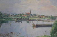 Auktion 367 / Los 4007 <br>Franz GRAF (1954), Ansicht Nienburg, &Ouml;l/Leinwand, leicht restau.bed., gerahmt, RG 81,5 x 100cm, Sperrgutversand