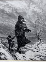 Auktion 367<br>unleserl. signierte Radierung 1882, Mutter mit Kindern im Wintersturm, ger/Glas, RG 36x31 cm