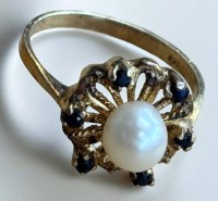 Auktion 367<br>Silberring-835-, Perle und blaue Steine, vergoldet, RG 60, 3,5 gr.
