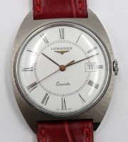 Auktion 367<br>Armbanduhr, Longines, Quartz, Werk l&auml;uft, Lederband, gute Erhaltung, D-3,5cm