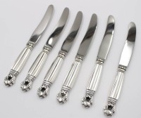 Auktion 367 / Los 11048 <br>6x Dessertmesser, Georg Jensen, Acorn, Sterling-Griffe, ca. L-16,8cm