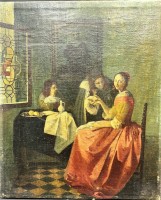 Auktion 367<br>anonym bzw. verso auf Holzrahmen unleserl. beschriftet, dat. 1968, Kopie nach Vermeer "Das M&auml;dchen mit dem Weinglas, &Ouml;l/Leinen, 60x48 cm