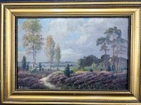 Auktion 367<br>K. Troiber "Heidemotiv bei Buchholz" &Ouml;l/Platte, gerahmt, RG 29x40 cm