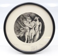 Auktion 367 / Los 5028 <br>runde Radierung, signiert Flosi 1980, betitelt Vernissage, ger./Glas, D-26cm