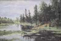 Auktion 367<br>A.V.Petrov, Waldsee, verso kyrill. betitelt, &Ouml;l/Hartfaser, gerahmt, RG 26 x 36,5cm