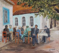 Auktion 367 / Los 4036 <br>Diamantis'82, Herrenrunde, &Ouml;l/Leinwand, schlicht gerahmt, RG 46 x 52cm