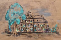 Auktion 367<br>unsignierte Mischtechnik, Hausansicht, &auml;lter, ger./Glas,  RG 23 x 31,5cm