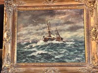 Auktion 367 / Los 4043 <br>Eberhard RECHLIN (1928-1990) "Kutter in schwerer See" &Ouml;l/Malfaser, alt gerahmt, RG  40x35 cm