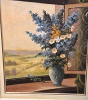 Auktion 367 / Los 4044 <br>M. Schmidt "Blumenvase im Fenster" &Ouml;l/Platte, alt gerahmt, RG 70x60 cm