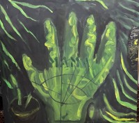 Auktion 367 / Los 4046 <br>M. M&uuml;ller "gr&uuml;ne Hand" Mama beschriftet, &Ouml;l/Leinen, verso signiert, kl. Riss li.oben, 100x100 cm, Sperrgut