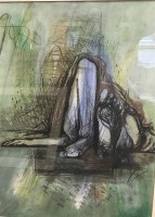 Auktion 367<br>B. (19)87 "Liegende" Mischtechnik, ger/Glas, RG 92x47 cm, r&uuml;ckseitig Etikette der Galerie M, Hamburg