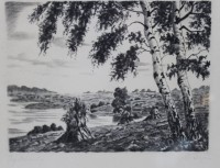 Auktion 367 / Los 5053 <br>unleserl.signierte Radierung, Landschaft, verso Stempel "Den Soldaten im Lazarett....", ger./Glas, RG 25 x 28,5cm