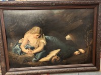 Auktion 367<br>Farbdruck "Heilige Magdalena" von Batoni im Prunkrahmen ~ um 1910, kl. Abplatzer etc., RG 80x110 cm, schwer mit massiver Holz-R&uuml;ckwand, Sperrgut