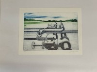 Auktion 367<br>Karin Bormann,  "Landschaft 1979" orig. Radierung, Nr. 1/10, ger/Glas, RG  51x61 cm, Glas mit kl. Riss,