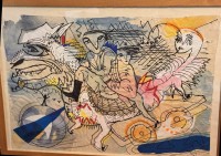 Auktion 367<br>Angelika Oehme ,1984 ohne Titel, Mischtechnik/Aquarell, gerahmt/Glas, verso Galerie-Etikett, Galerie M-Hamburg,  RG  ca 65x90 cm (Sperrgut)