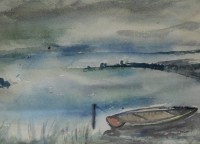 Auktion 367<br>unsigniertes Aquarell, Boot am See, verso Zettel "gemalt H.Neuner", ger./Glas, RG 28 x 35cm