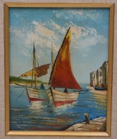 Auktion 367<br>ru. monogrammiert, Boote, &Ouml;l/Malfaser, 50/60er Jahre, gerahmt, RG 33,5 x 28cm