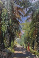 Auktion 368<br>Li Kmabe Raymond o.&auml;., 1958, wohl afrik. Urwald, &Ouml;l/Leinwand, restau.bed&uuml;rftig, gerahmt, RG 45 x 35cm, Rahmen besch&auml;digt