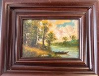 Auktion 368 / Los 4006 <br>unleserl. sign. Flusslandschaft, &Ouml;l/Platte, breit gereahmt, RG ca. 22x26 cm