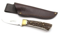 Auktion 368<br>Jagdmesser, Puma, Geweihgriffschalen, Lederscheide, ca. L-20,5cm
