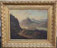 Auktion 368<br>Fritz REISS (1857-1916) , 1886 "Berglandschaft am See mit Figuren", Farbabplatzer, gut gerahmt, RG 68x78 cm