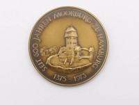 Auktion 368<br>Gedenkmedaille anl&auml;sslich des 600-j&auml;hrigen Jubil&auml;ums von Moorburg, Bronze, ca. D-4cm