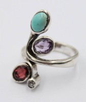 Auktion 368<br>925er Silberring mit T&uuml;rkis,Granat, Amethyst, 5,8 gr. RG 53