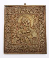 Auktion 368 / Los 15033 <br>russische orthod. Bronze-Ikone, Gottesmutter von Fjodorowskaja, anbei Zertifikat, ca. 10,7 x 9,3cm
