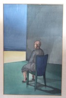 Auktion 368<br>gr. Aquarell, Kahle Person auf Stuhl, r.u. "Register" bezeichnet, verso "Cadillac Hotel San Francisco Modernism", ger./Glas, RG 88 x 63cm