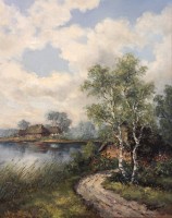 Auktion 368<br>Riemer o.&auml;. , Flusslandschaft, &Ouml;l/Leinwand, gut gerahmt, RG 72 x 61cm