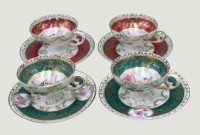 Auktion 368<br>4 Mokkatassen mit U.T., Kaufmann-Szenen, Bienenkorbmarke, wohl Aelteste Volkstedt