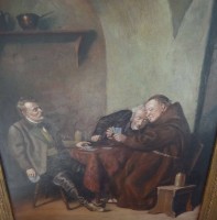 Auktion 368<br>unleserl. signiert nach Gr&uuml;tzner "Wirtshausszene mit M&ouml;nch", &Ouml;l/Platte, gerahmt, RG 67x56 cm