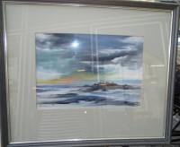 Auktion 368 / Los 4038 <br>unleserl. signiertes Aquarell 1998 "Hallig im Morgenrot", ger/Glas, RG 48x57 cm