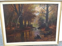 Auktion 368<br>Hermann Otto, 1918 "Waldbach", &Ouml;l/Leinen, kl. Farbabplatzer, gerahmt, RG 86x112 cm, Sperrgut Versand (plus 28 Euro)