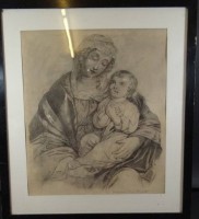 Auktion 368<br>Handzeichnung, Maria mit Kind, dat. 1870, ger/Glas, kl. Papiersch&auml;den, RG 53x47 cm